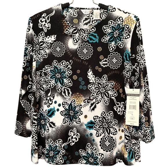 Laura Ashley Tops - Laura Ashley Petite PL Black Floral Mandala Trip Ready Knit Top‎ LA805P NWT